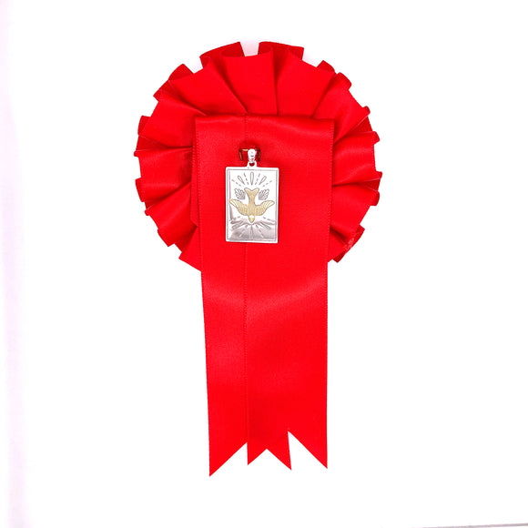 Sterling Silver Rectangular Confirmation Medal with Red Rosette
