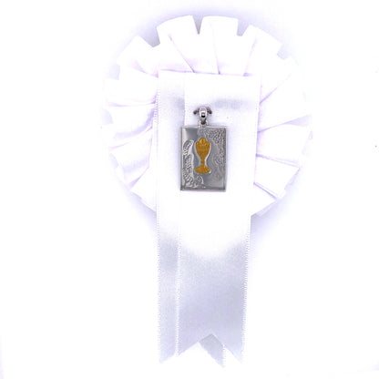 Sterling Silver Rectangular Communion Medal with White Rosette SM107/R