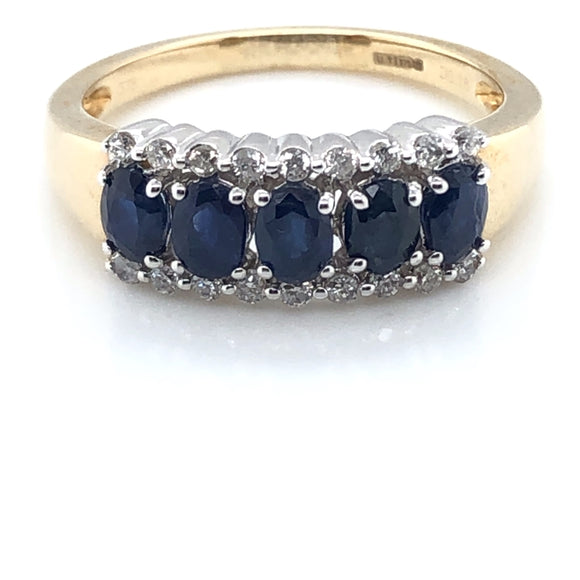 9ct Gold  Five Sapphire & Diamond Ring
