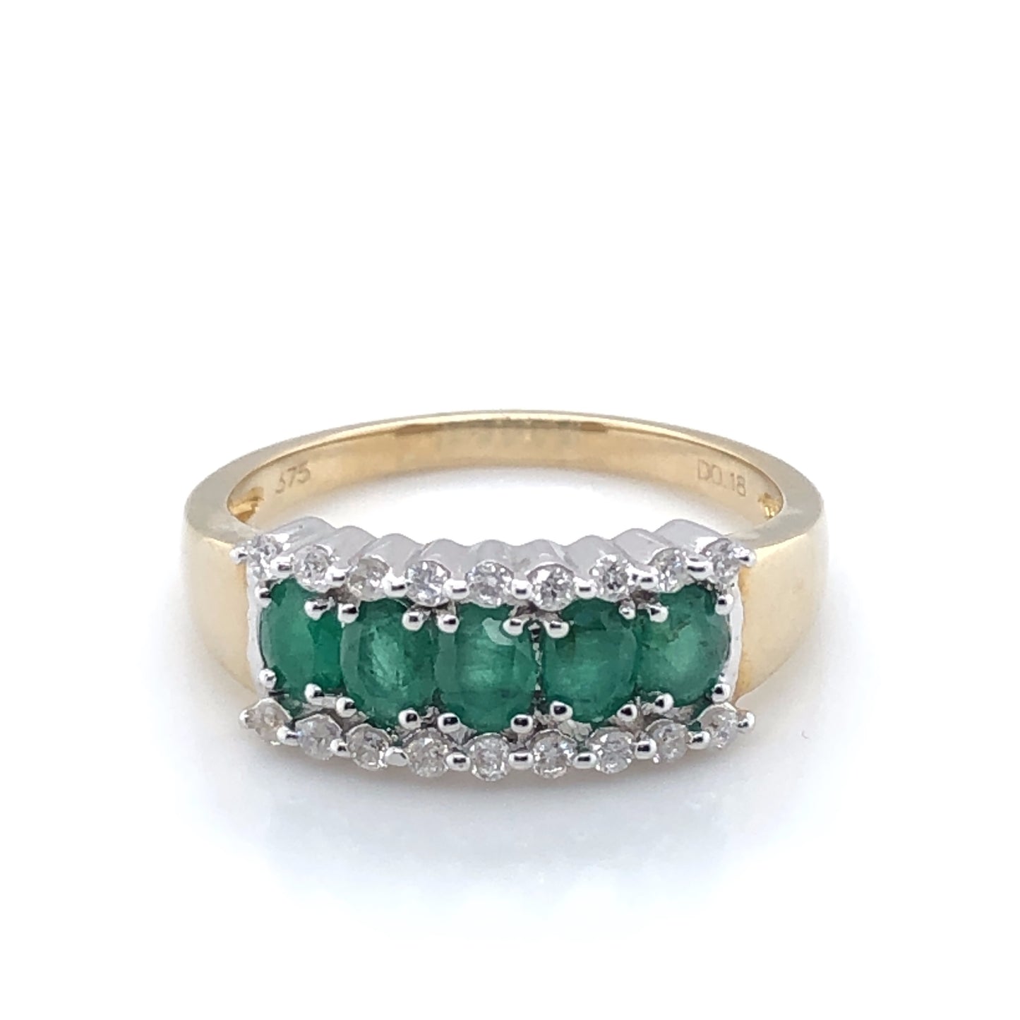 9ct Gold Emerald and Diamond Three Row Ring