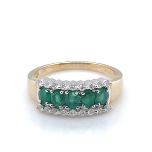9ct Gold Emerald and Diamond Three Row Ring