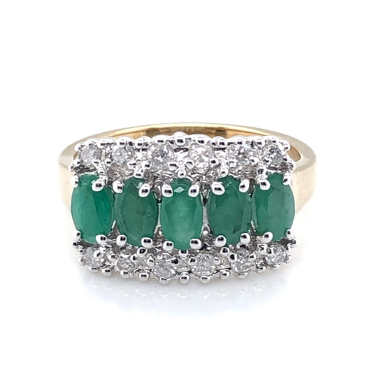 9ct Gold Emerald and Diamond Three Row Ring