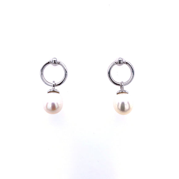 9ct White Gold Pearl & Circle Drop Earrings