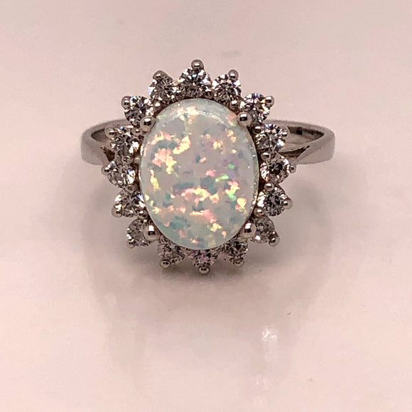 9ct  White Gold  Created Opal & CZ Oval Cluster Ring
