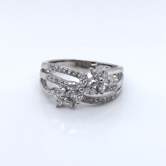 18ct White Gold Diamond Floral Three-Row Ring